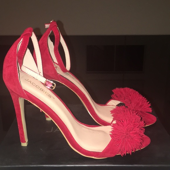 Red Pom-Pom Sandal Pump w/ ankle straps - Picture 4 of 4